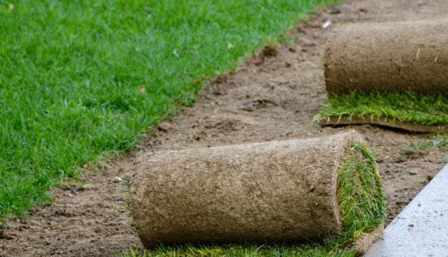 Restoration of a lawn covering with the help of a rolled lawn. Real grass in peat rolls. Quick way to improve the territory.