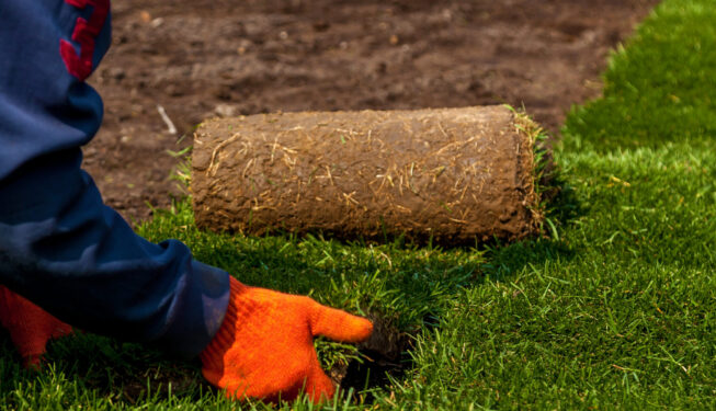 Green grass in rolls for lawn and designer landscape. The stacking of roll green lawn grass